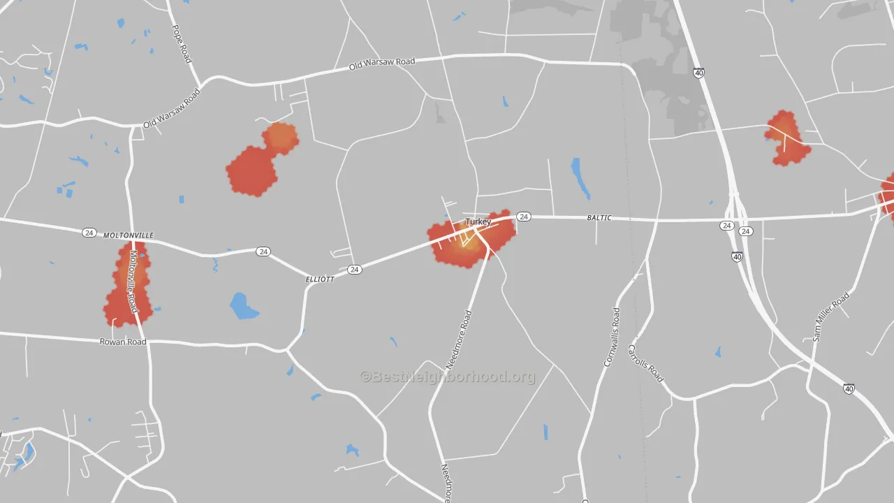 Walk Grade map of 28393, NC, walkable areas in green and car-dependent areas in red