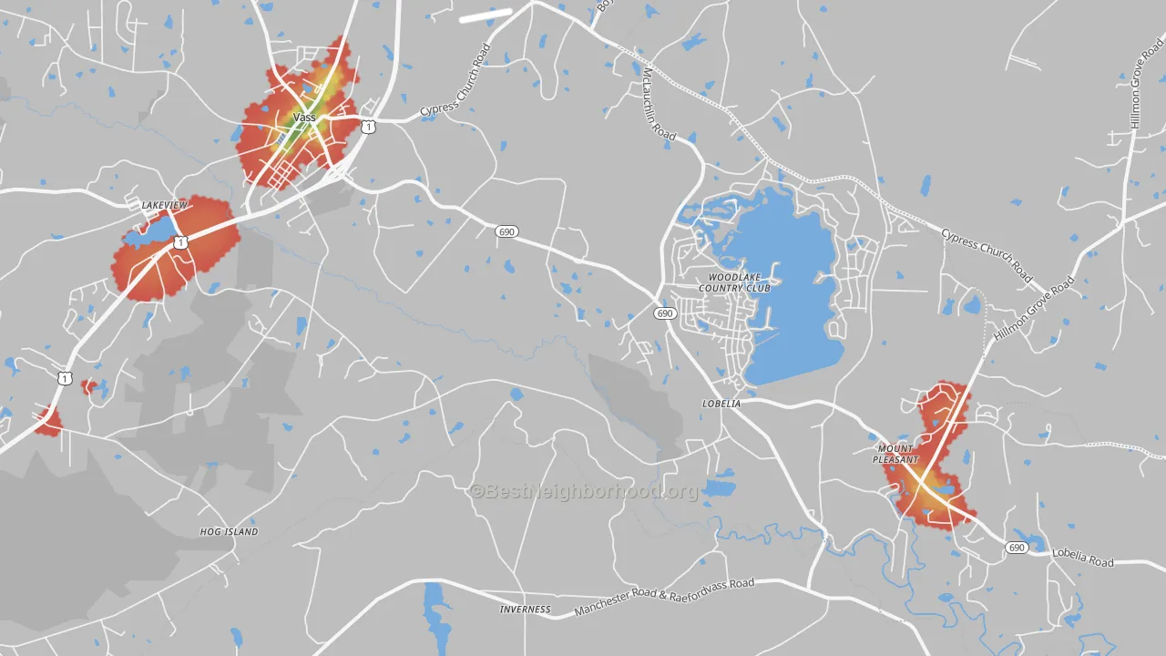 Walk Grade map of 28394, NC, walkable areas in green and car-dependent areas in red