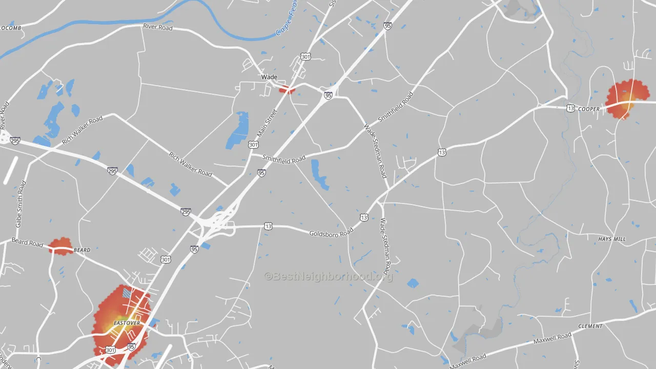 Walk Grade map of 28395, NC, walkable areas in green and car-dependent areas in red