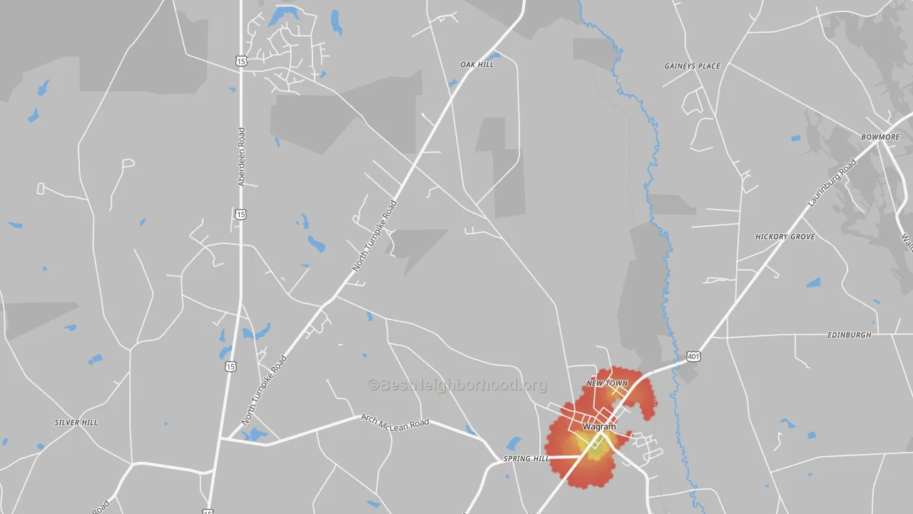 Walk Grade map of 28396, NC, walkable areas in green and car-dependent areas in red