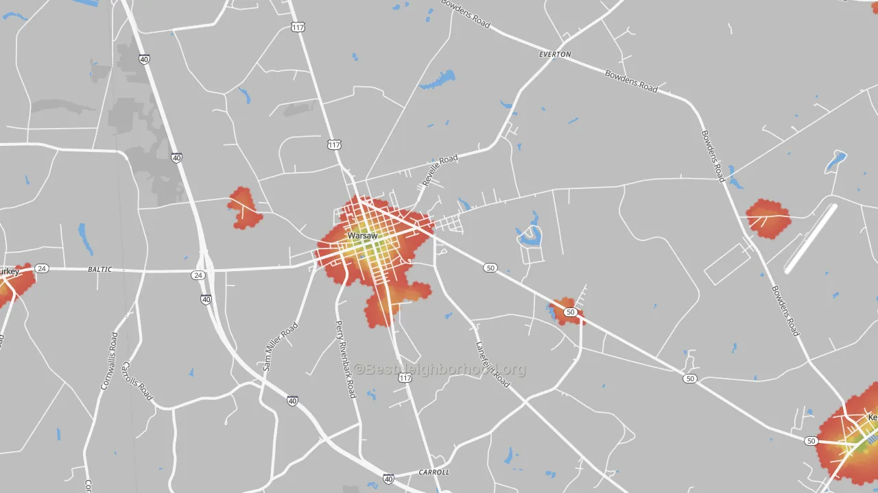 Walk Grade map of 28398, NC, walkable areas in green and car-dependent areas in red