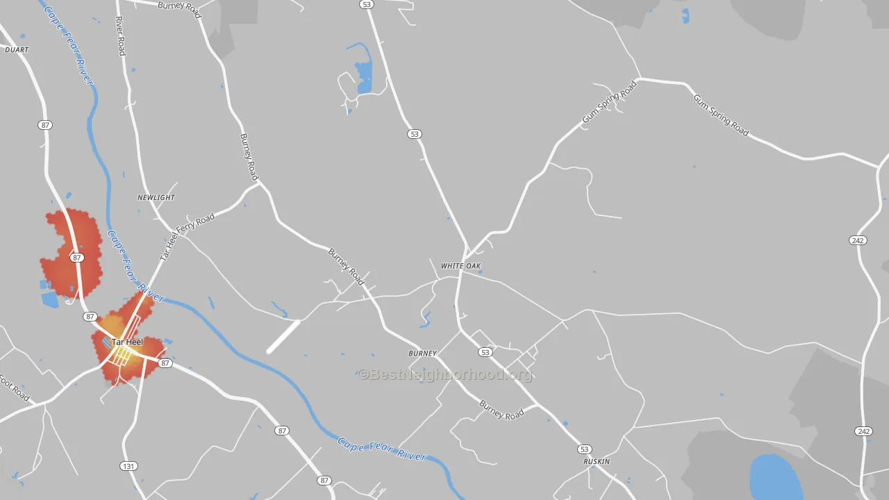 Walk Grade map of 28399, NC, walkable areas in green and car-dependent areas in red