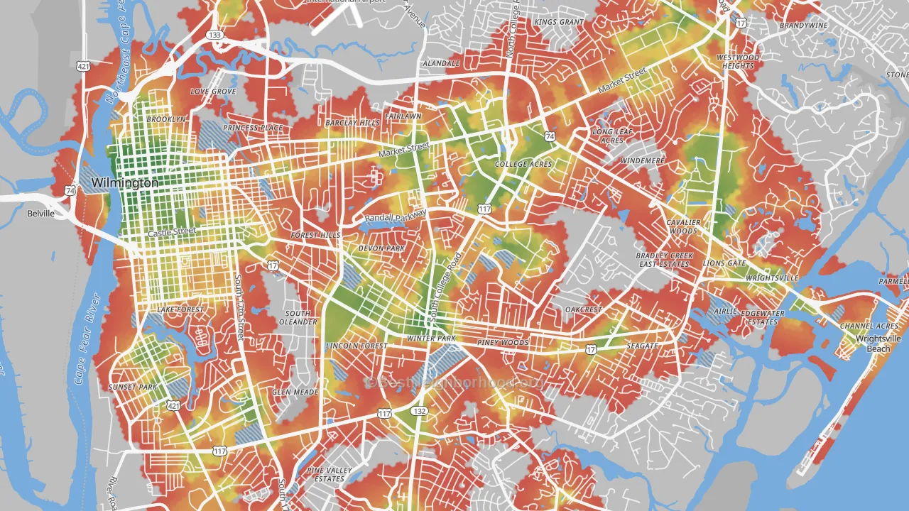 Walk Grade map of 28403, NC, walkable areas in green and car-dependent areas in red