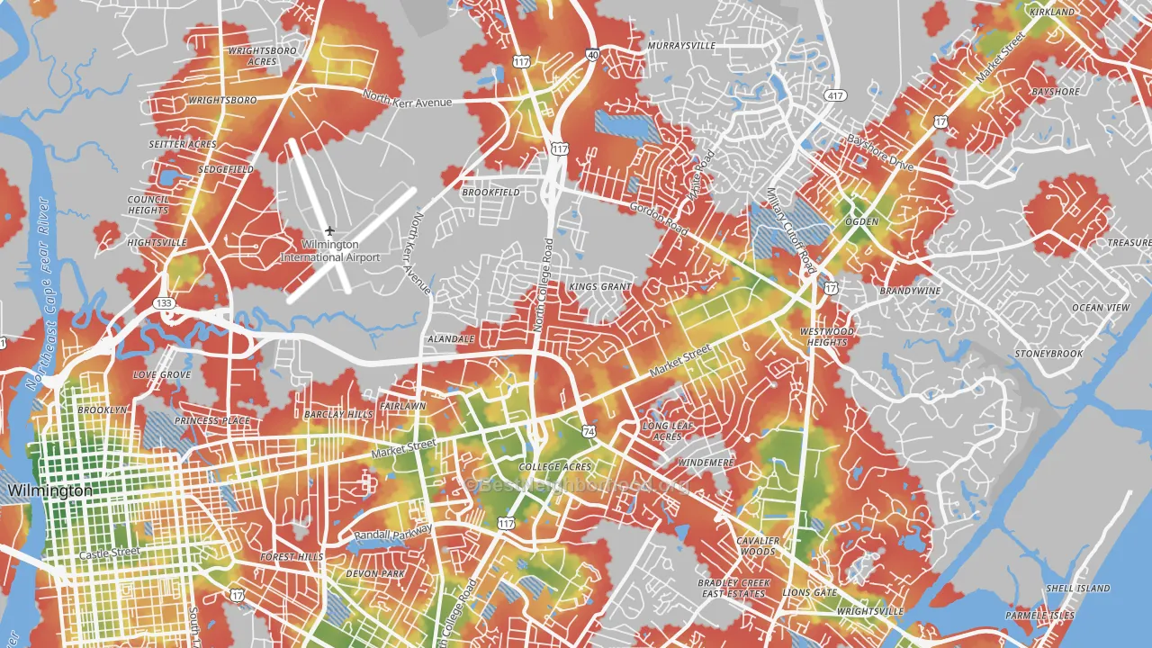 Walk Grade map of 28405, NC, walkable areas in green and car-dependent areas in red