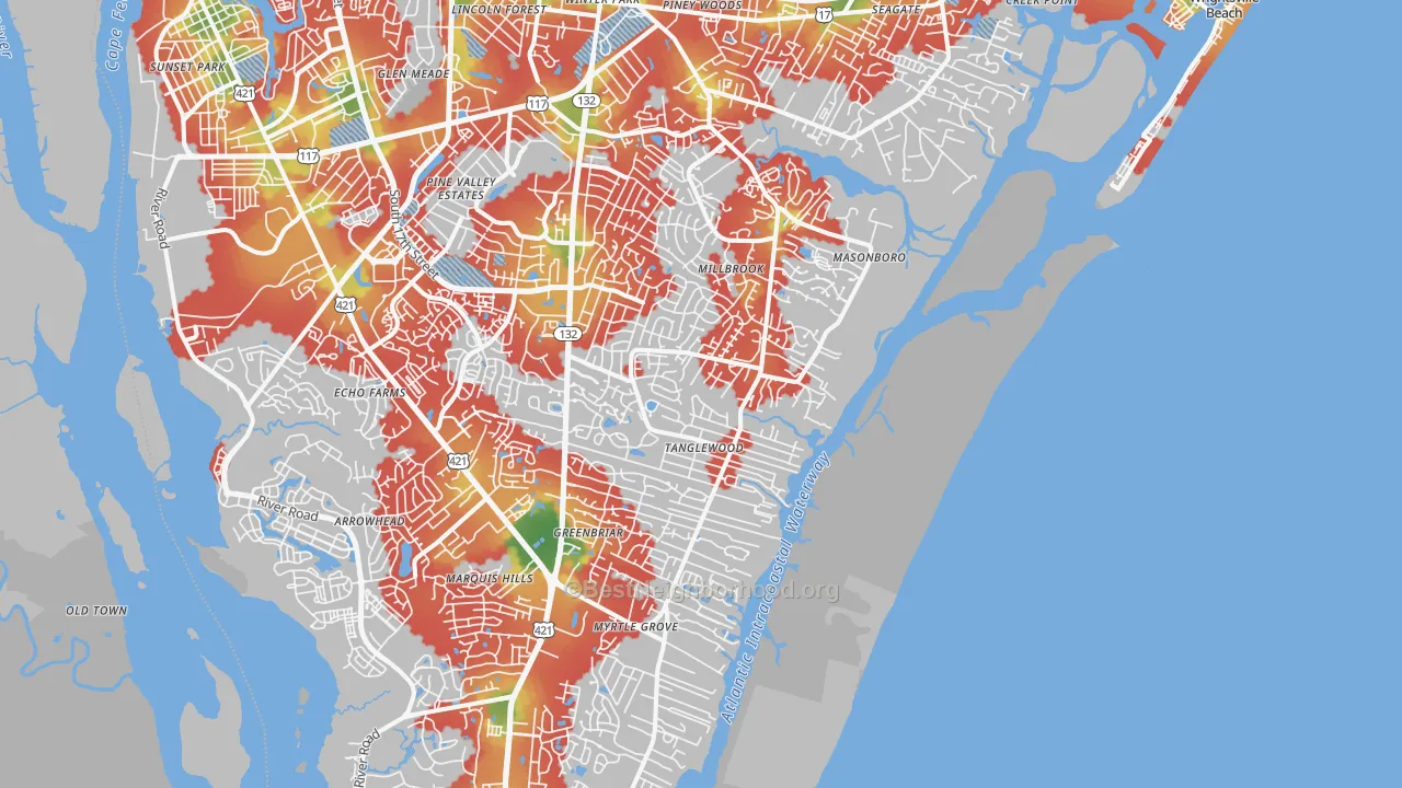 Walk Grade map of 28409, NC, walkable areas in green and car-dependent areas in red