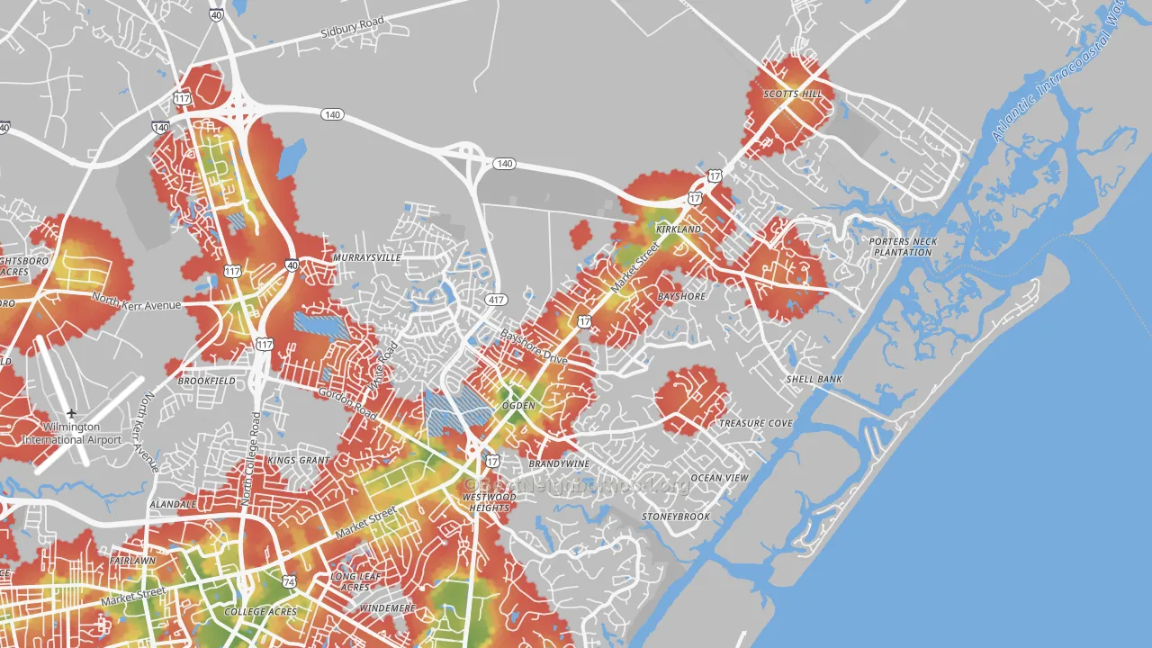 Walk Grade map of 28411, NC, walkable areas in green and car-dependent areas in red
