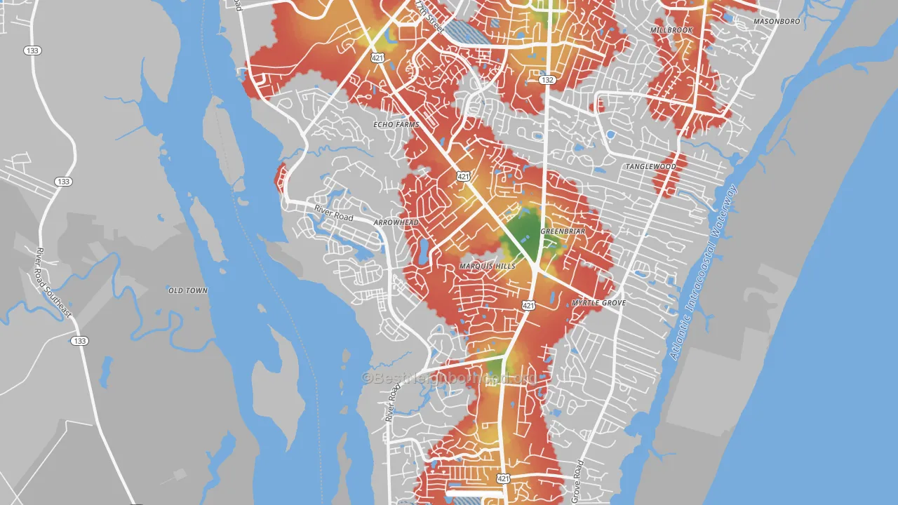 Walk Grade map of 28412, NC, walkable areas in green and car-dependent areas in red