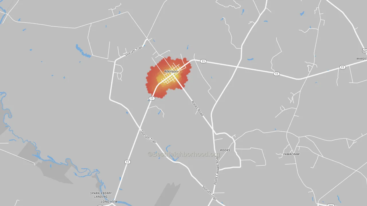 Walk Grade map of 28421, NC, walkable areas in green and car-dependent areas in red