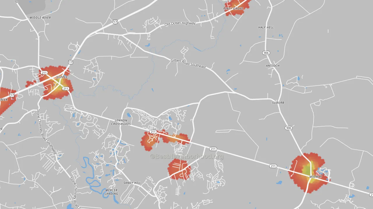 Walk Grade map of 28422, NC, walkable areas in green and car-dependent areas in red