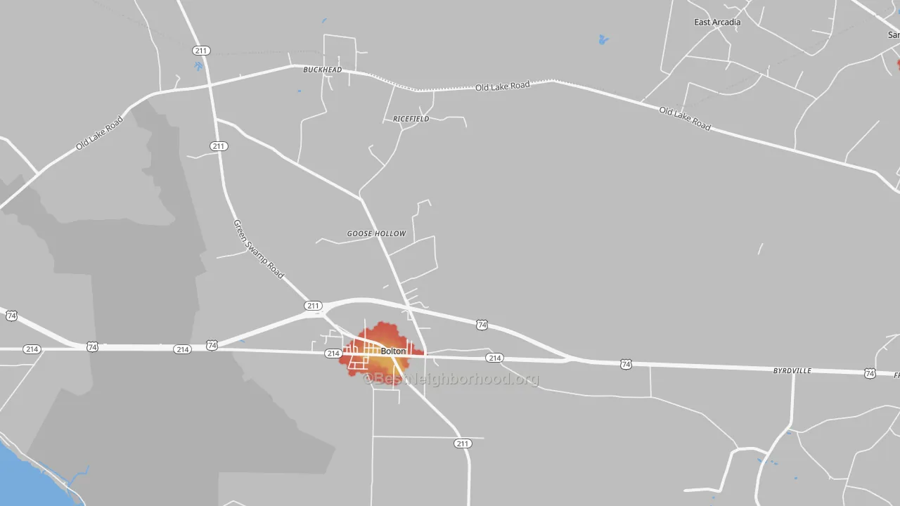Walk Grade map of 28423, NC, walkable areas in green and car-dependent areas in red