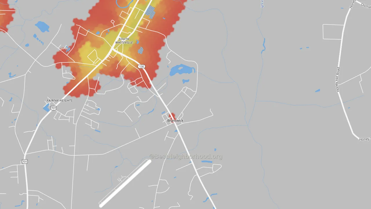 Walk Grade map of 28424, NC, walkable areas in green and car-dependent areas in red