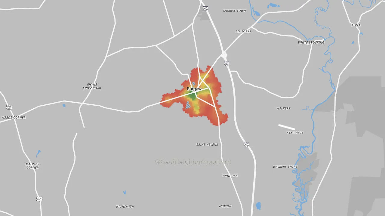 Walk Grade map of 28425, NC, walkable areas in green and car-dependent areas in red