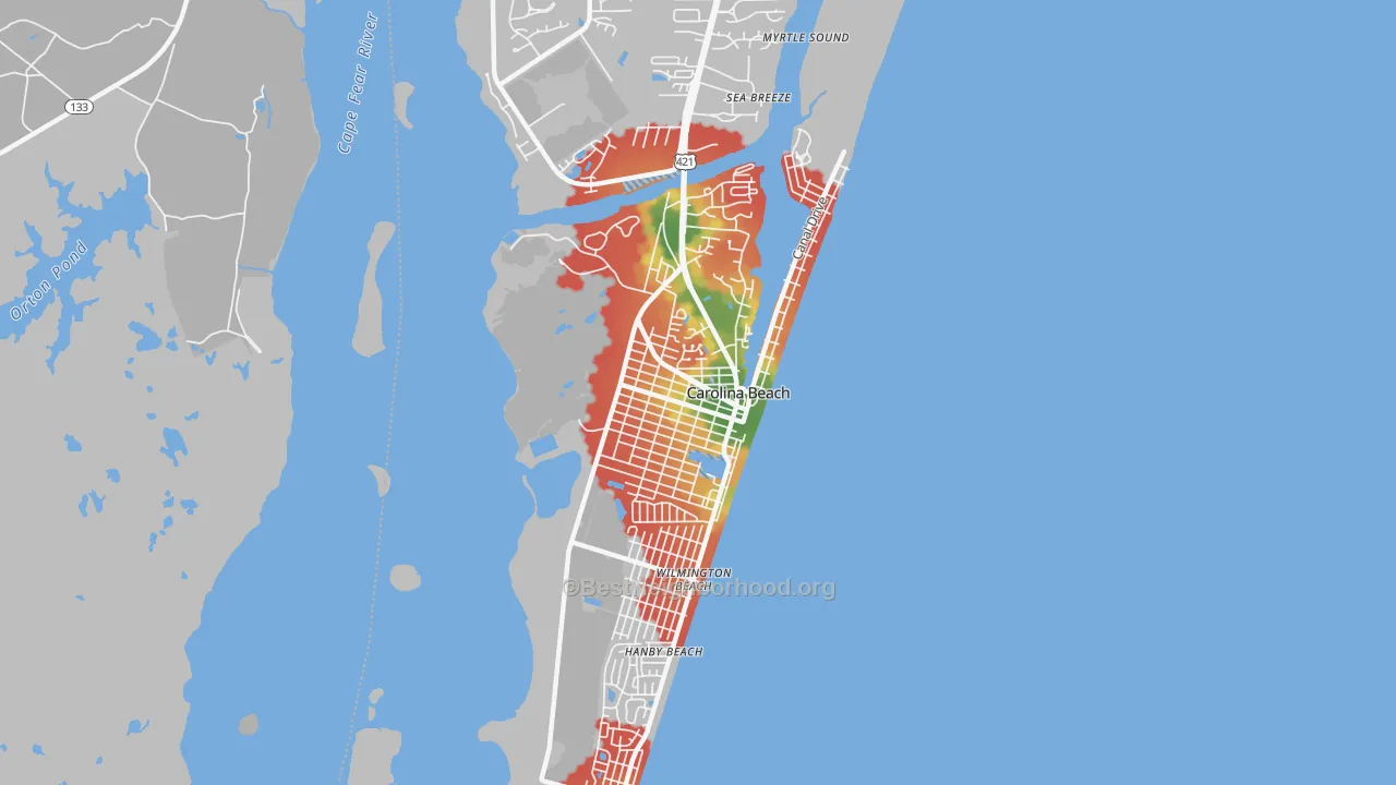 Walk Grade map of 28428, NC, walkable areas in green and car-dependent areas in red
