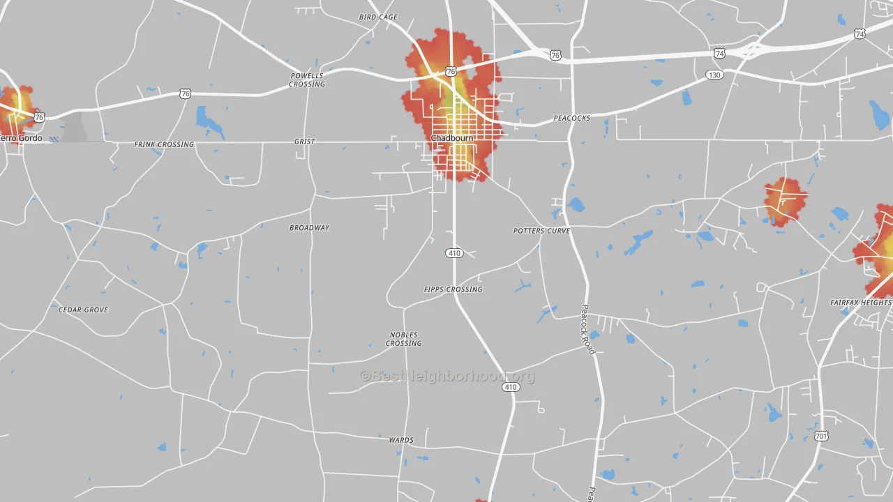 Walk Grade map of 28431, NC, walkable areas in green and car-dependent areas in red
