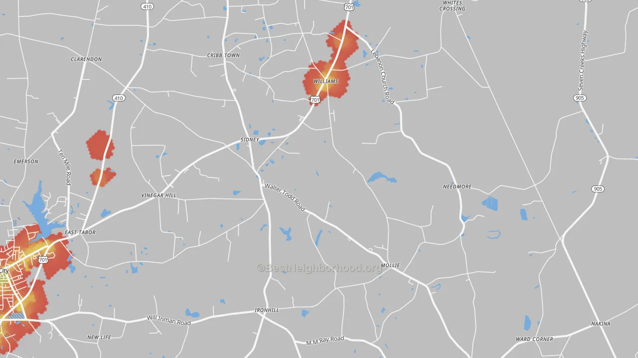 Walk Grade map of 28432, NC, walkable areas in green and car-dependent areas in red