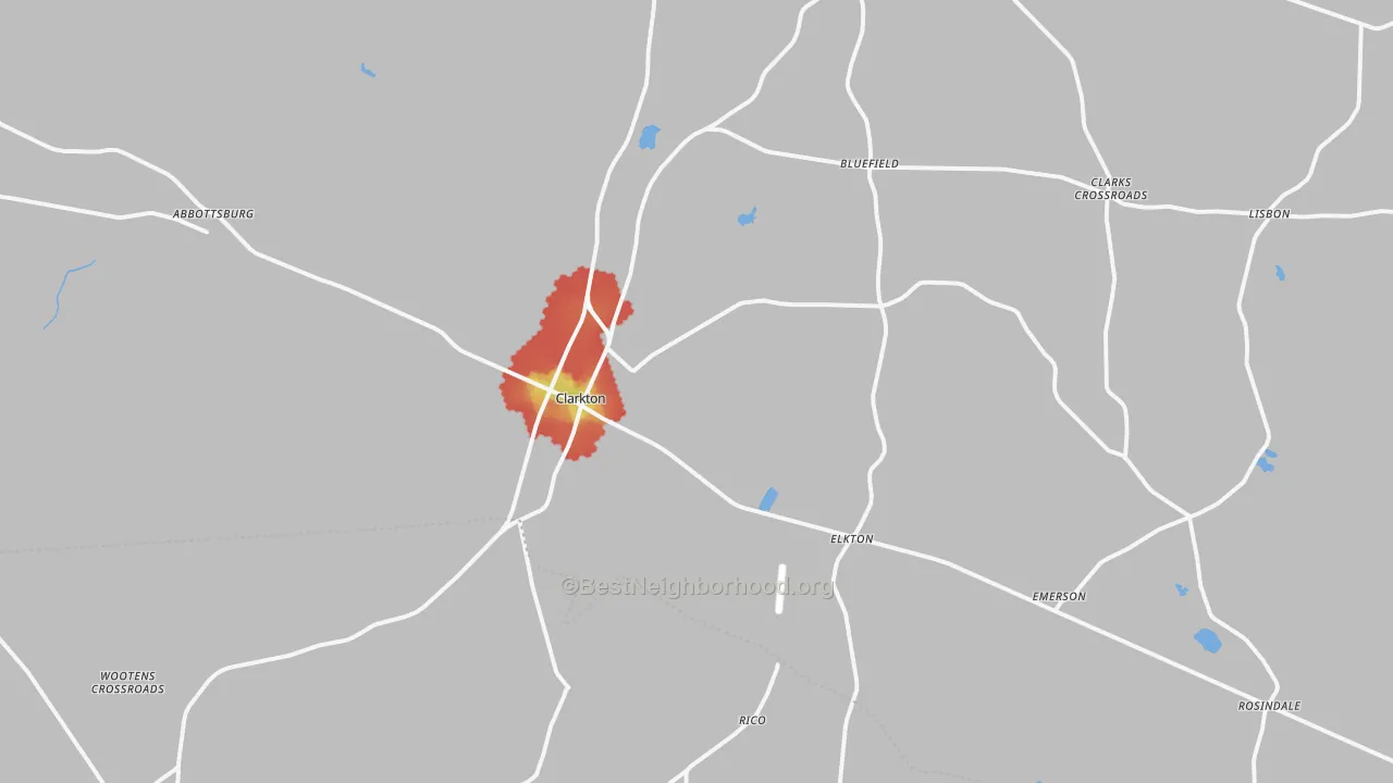 Walk Grade map of 28433, NC, walkable areas in green and car-dependent areas in red