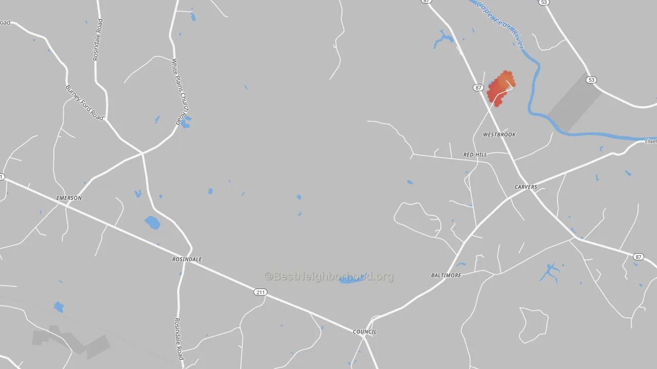 Walk Grade map of 28434, NC, walkable areas in green and car-dependent areas in red