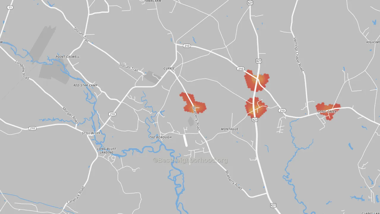 Walk Grade map of 28435, NC, walkable areas in green and car-dependent areas in red