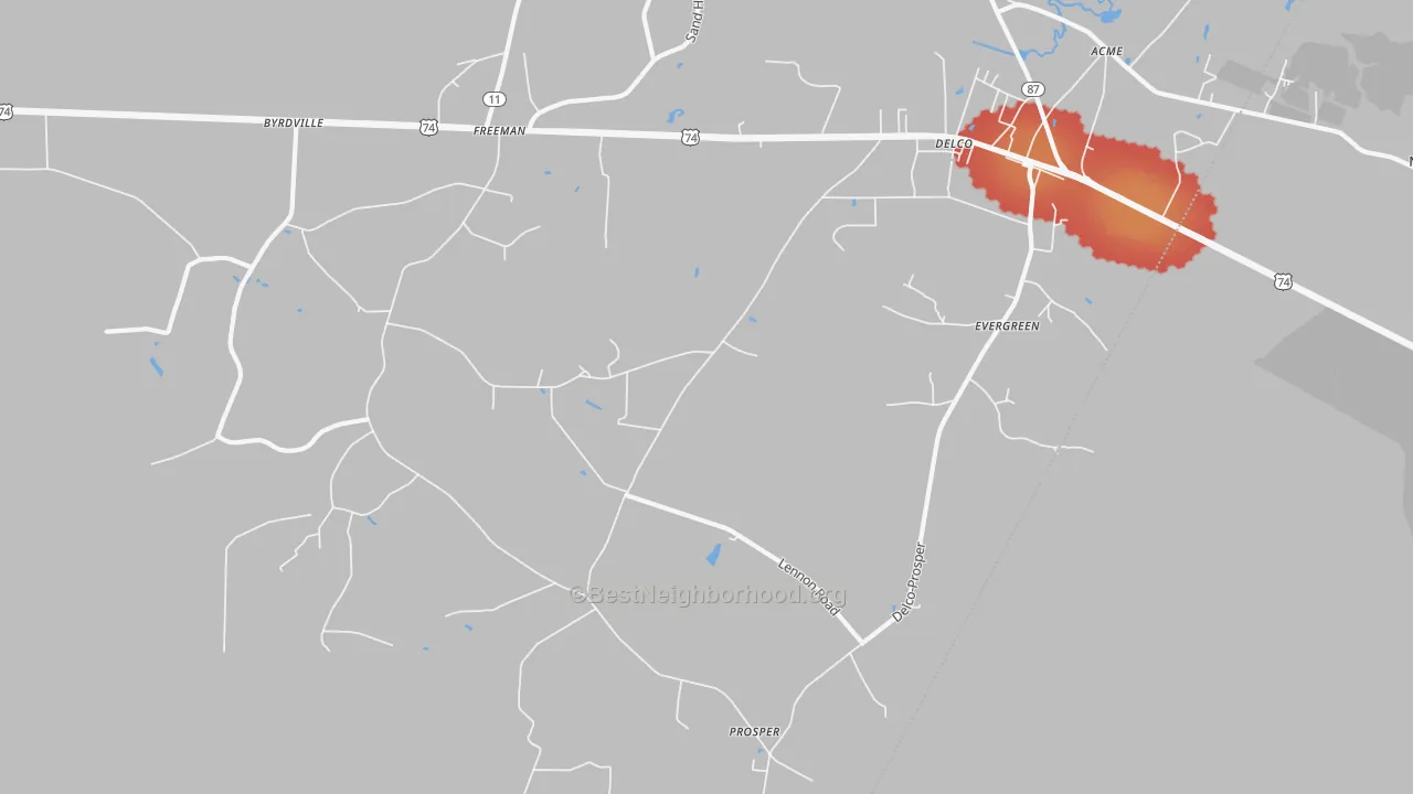Walk Grade map of 28436, NC, walkable areas in green and car-dependent areas in red