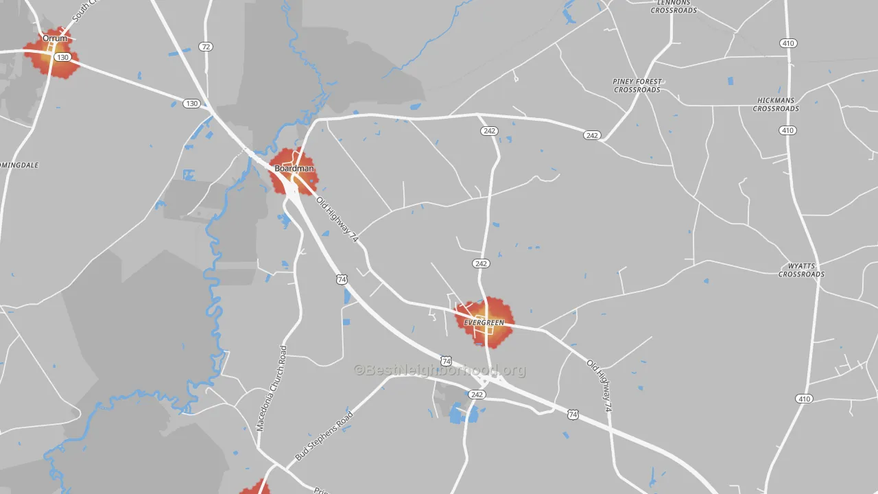 Walk Grade map of 28438, NC, walkable areas in green and car-dependent areas in red