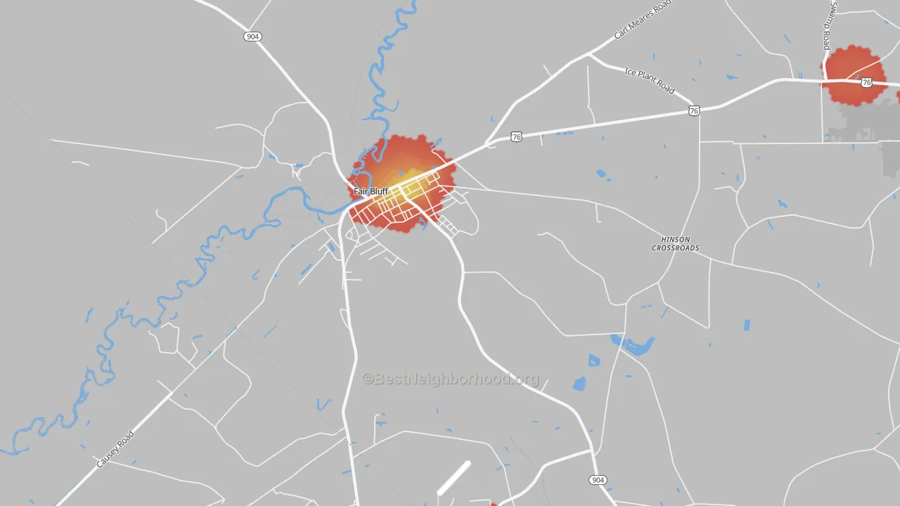 Walk Grade map of 28439, NC, walkable areas in green and car-dependent areas in red