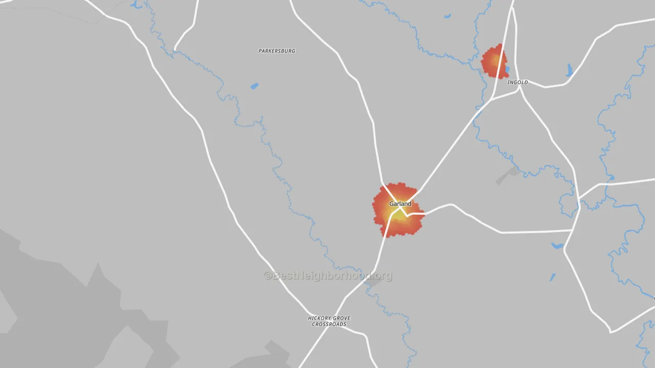 Walk Grade map of 28441, NC, walkable areas in green and car-dependent areas in red