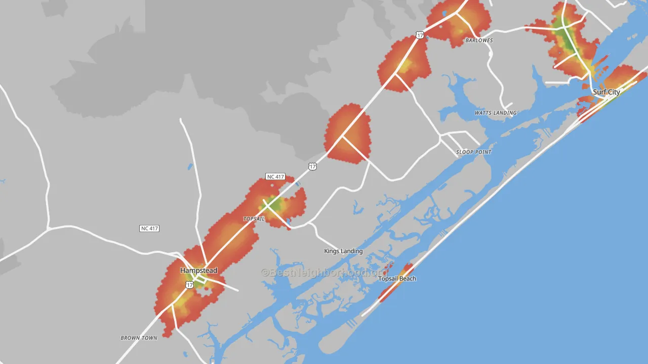 Walk Grade map of 28443, NC, walkable areas in green and car-dependent areas in red