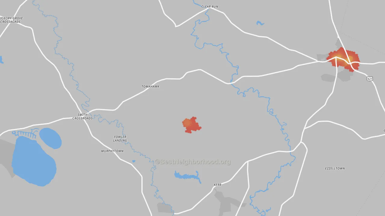 Walk Grade map of 28444, NC, walkable areas in green and car-dependent areas in red