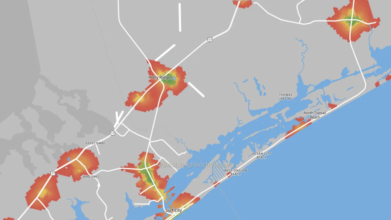 Walk Grade map of 28445, NC, walkable areas in green and car-dependent areas in red