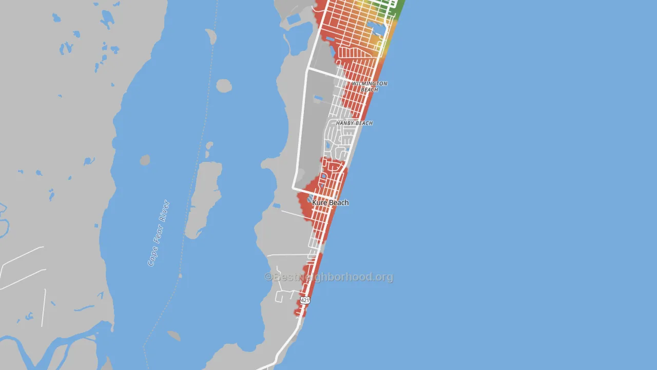 Walk Grade map of 28449, NC, walkable areas in green and car-dependent areas in red