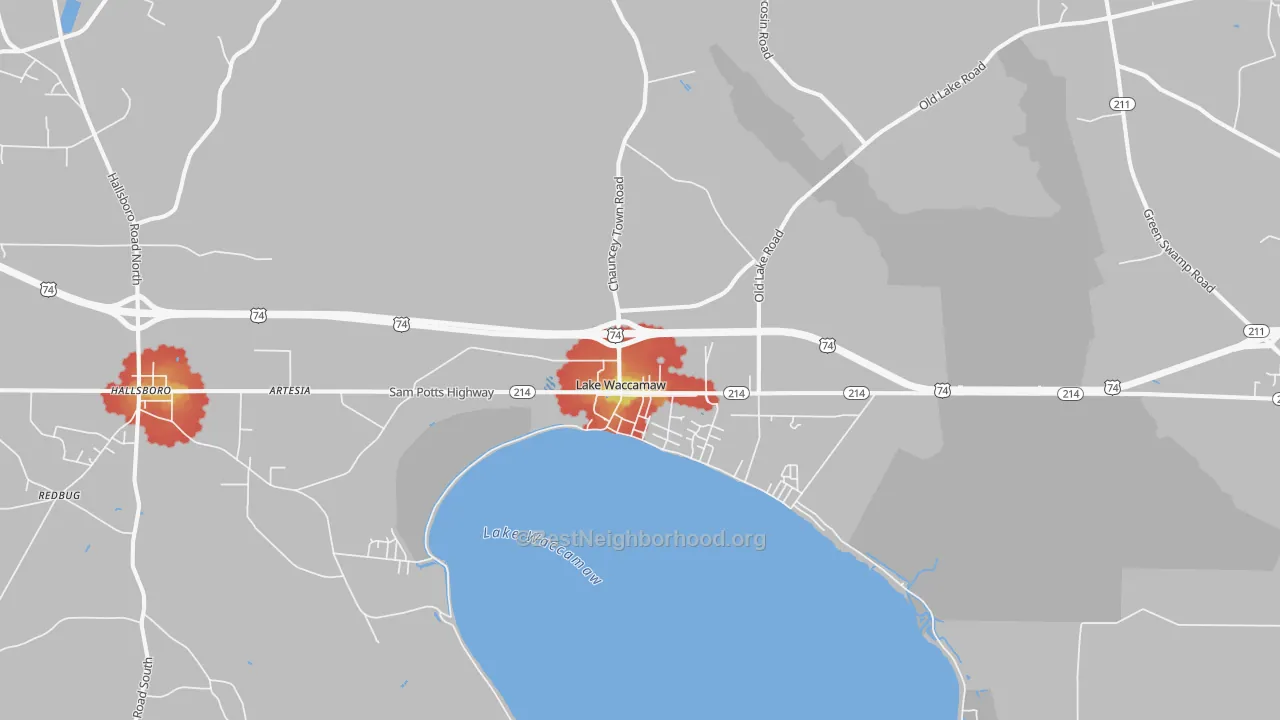Walk Grade map of 28450, NC, walkable areas in green and car-dependent areas in red