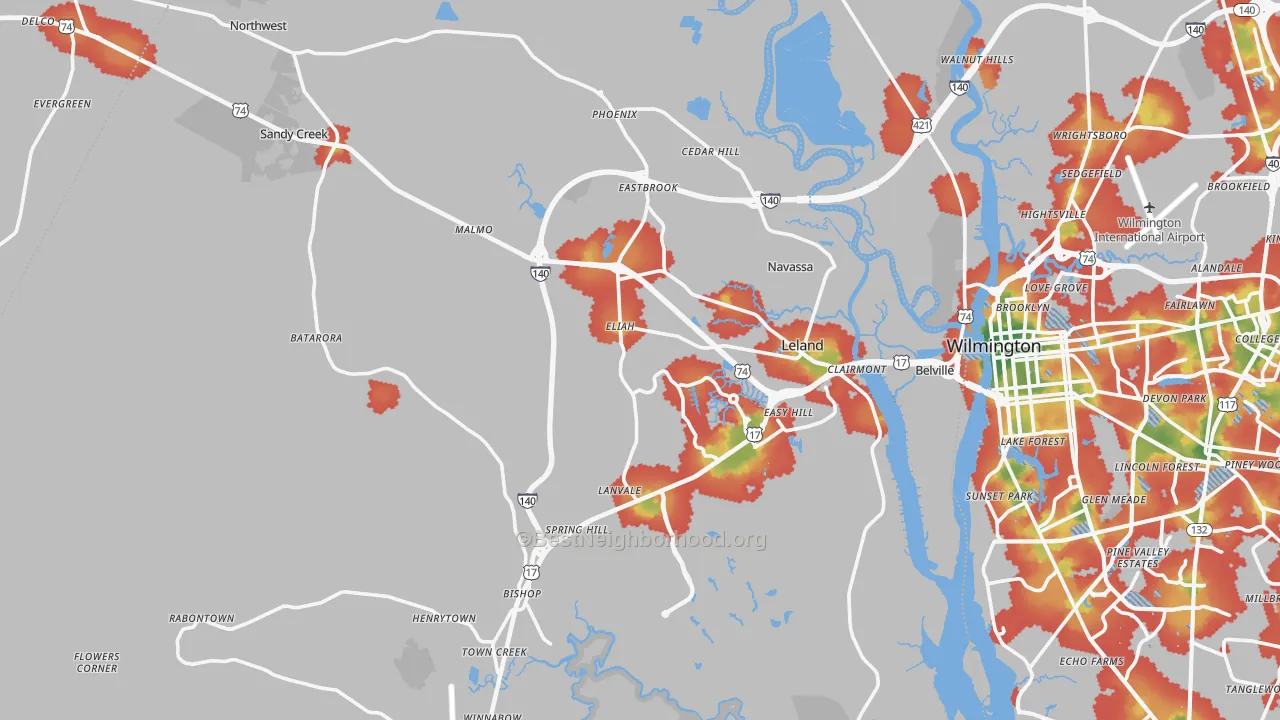 Walk Grade map of 28451, NC, walkable areas in green and car-dependent areas in red