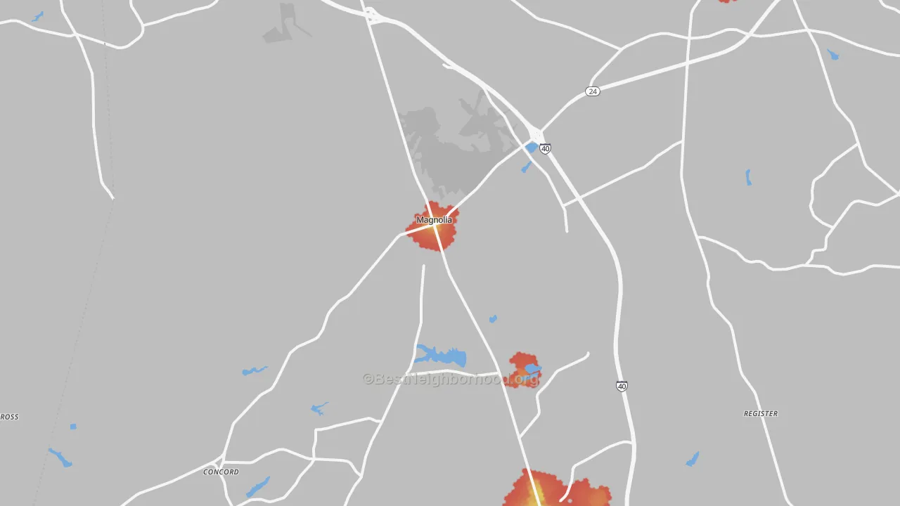 Walk Grade map of 28453, NC, walkable areas in green and car-dependent areas in red
