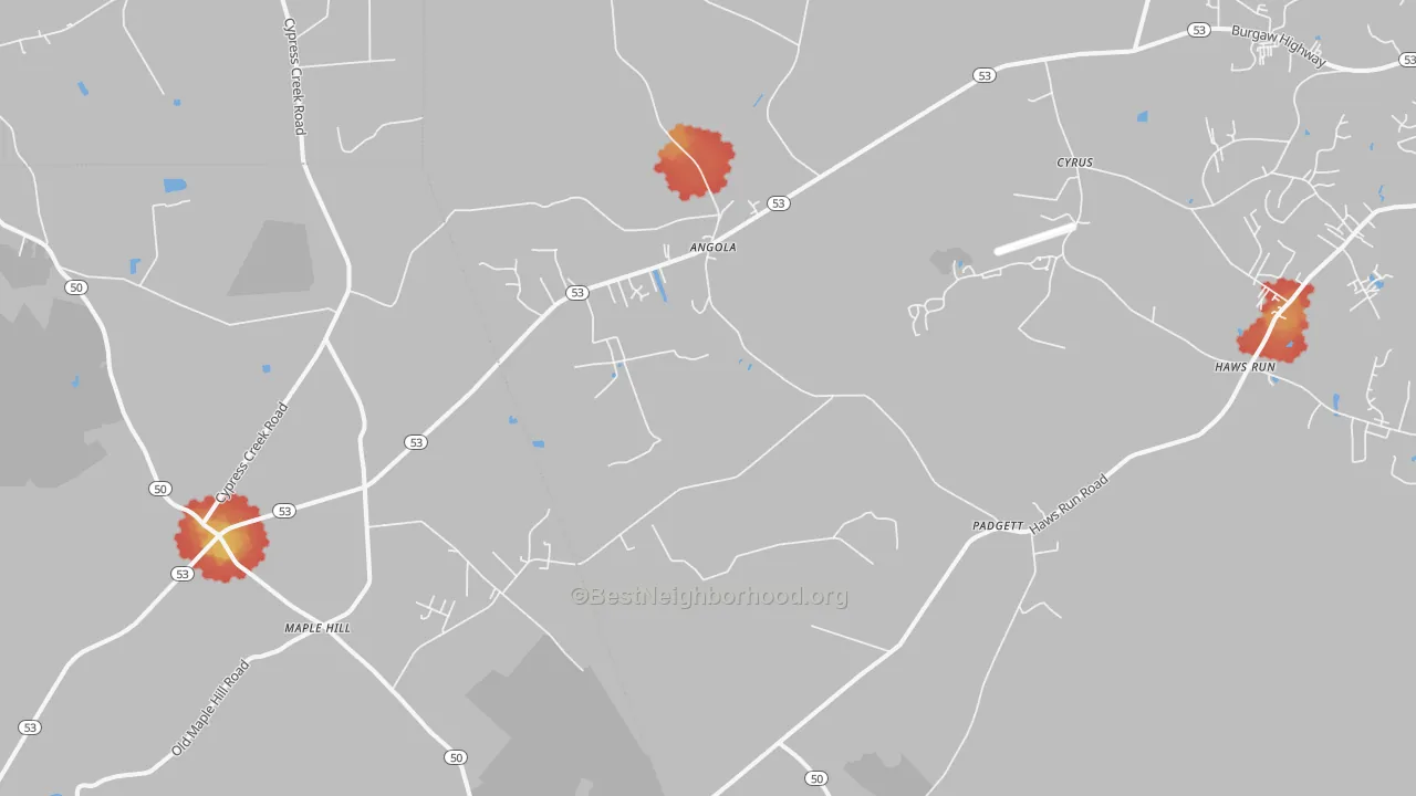 Walk Grade map of 28454, NC, walkable areas in green and car-dependent areas in red