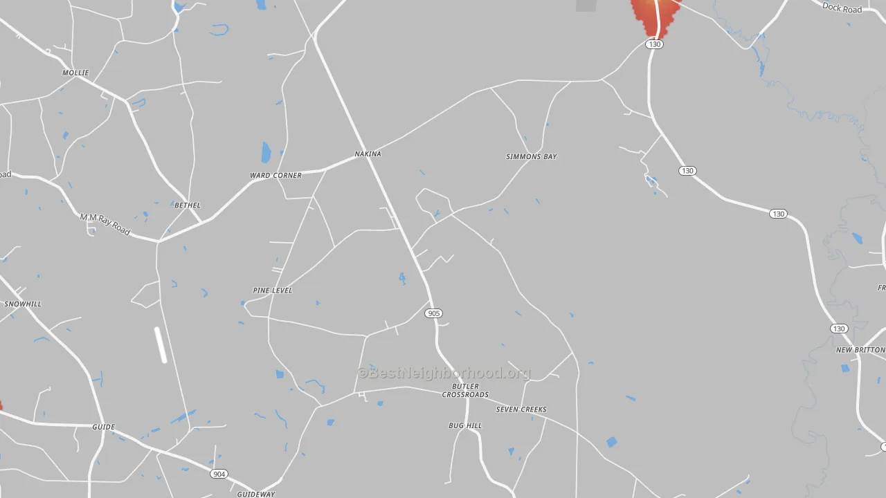 Walk Grade map of 28455, NC, walkable areas in green and car-dependent areas in red