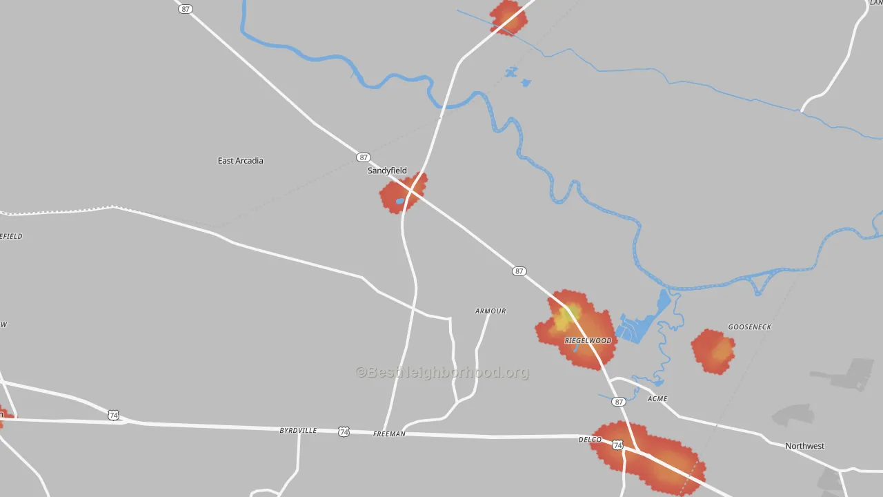 Walk Grade map of 28456, NC, walkable areas in green and car-dependent areas in red