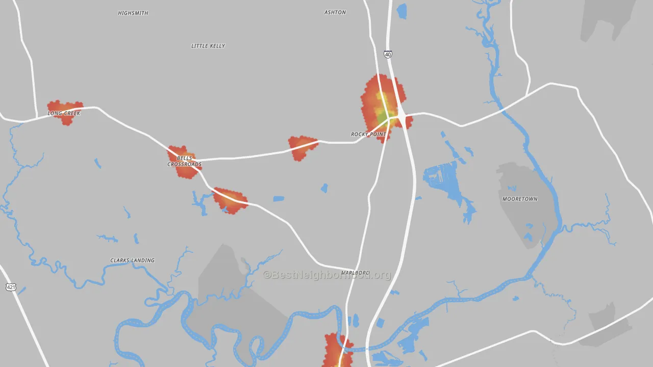 Walk Grade map of 28457, NC, walkable areas in green and car-dependent areas in red