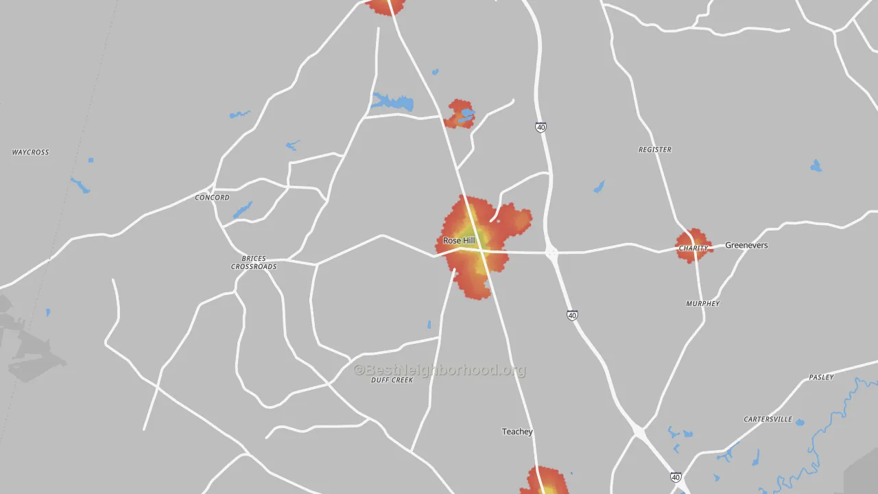 Walk Grade map of 28458, NC, walkable areas in green and car-dependent areas in red