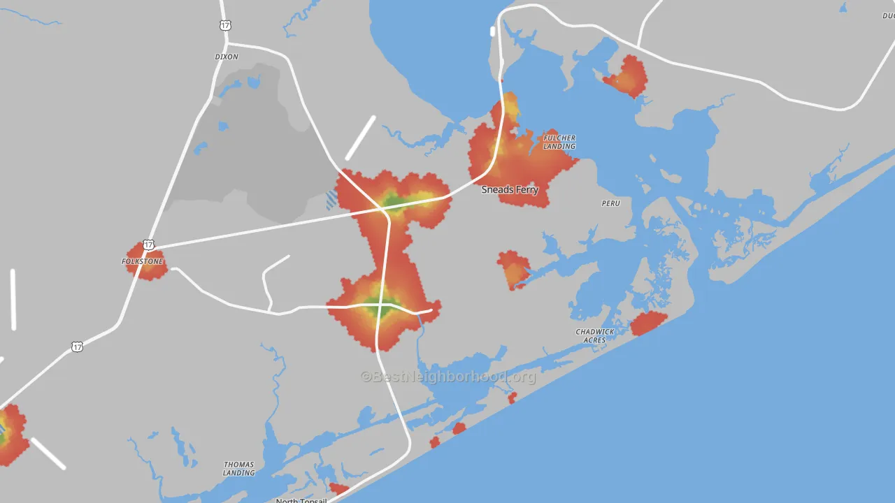 Walk Grade map of 28460, NC, walkable areas in green and car-dependent areas in red