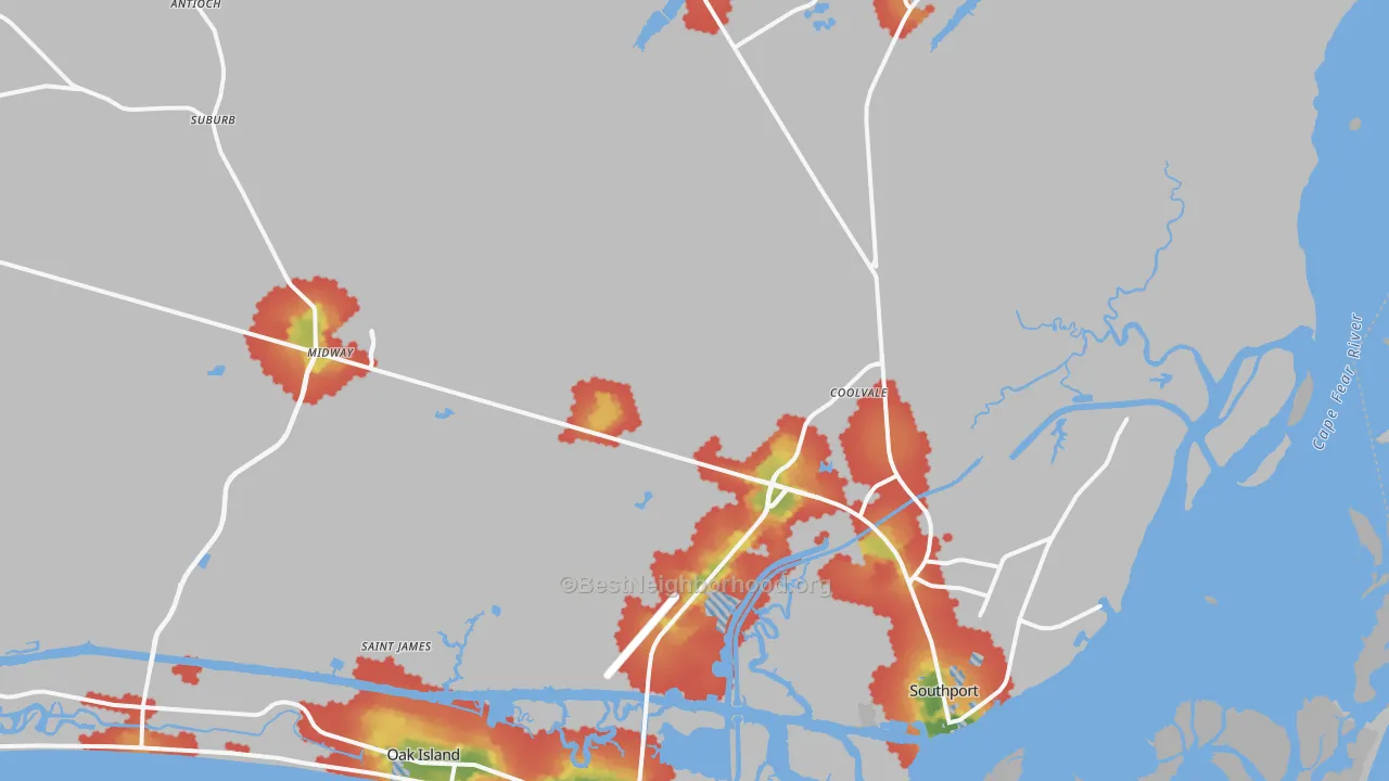 Walk Grade map of 28461, NC, walkable areas in green and car-dependent areas in red