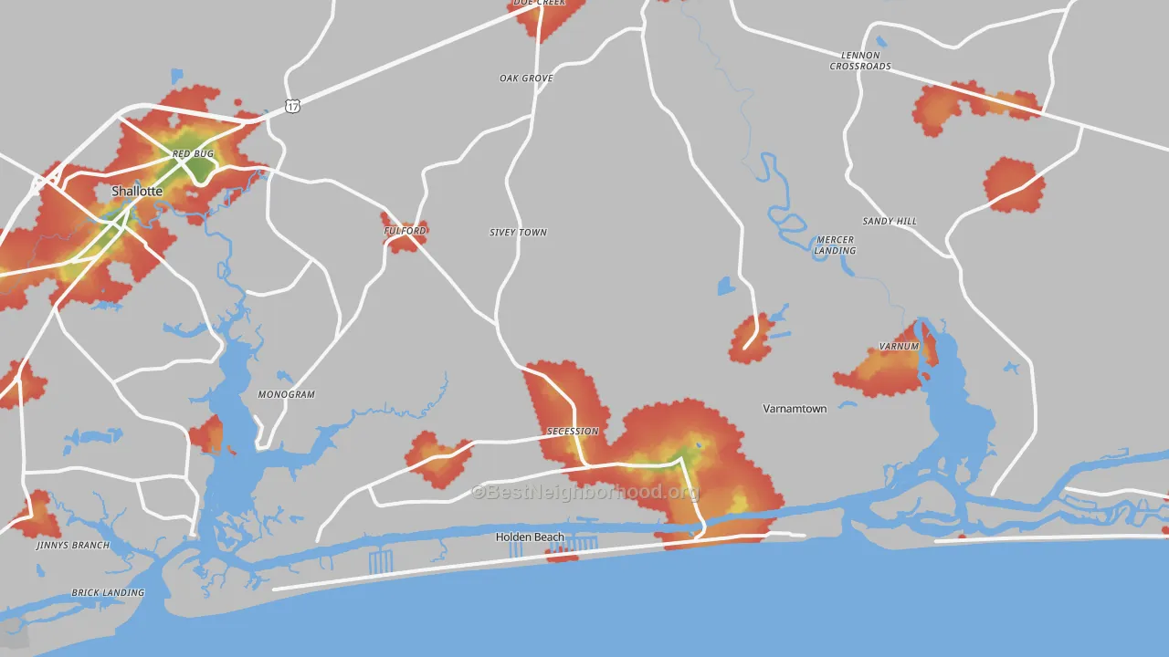 Walk Grade map of 28462, NC, walkable areas in green and car-dependent areas in red