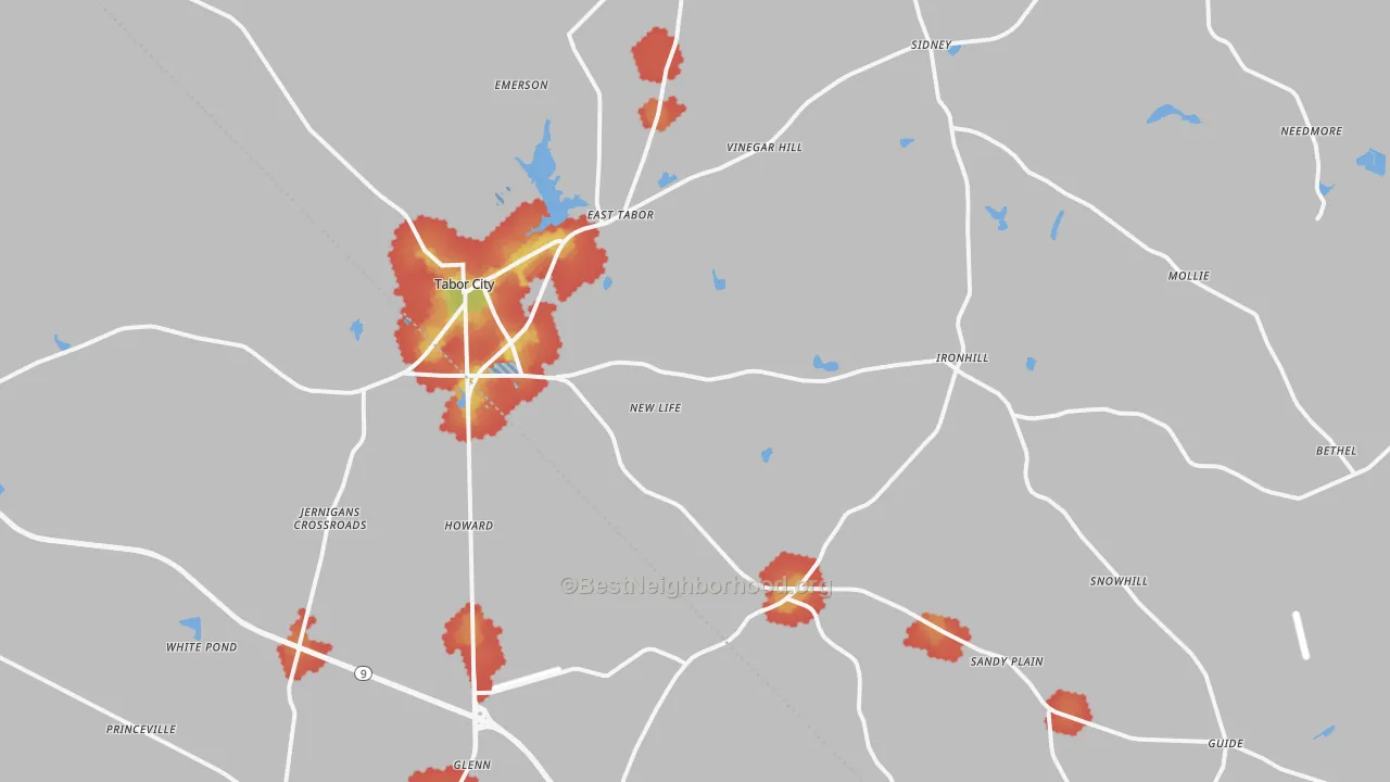 Walk Grade map of 28463, NC, walkable areas in green and car-dependent areas in red