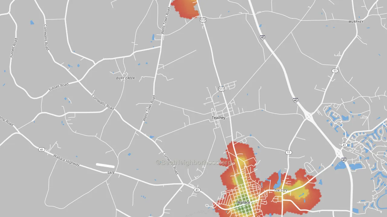 Walk Grade map of 28464, NC, walkable areas in green and car-dependent areas in red