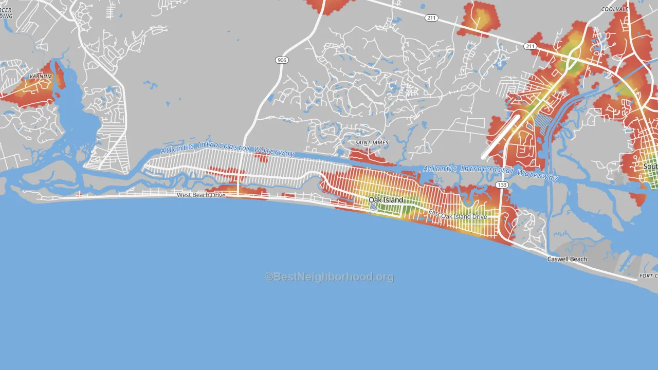 Walk Grade map of 28465, NC, walkable areas in green and car-dependent areas in red