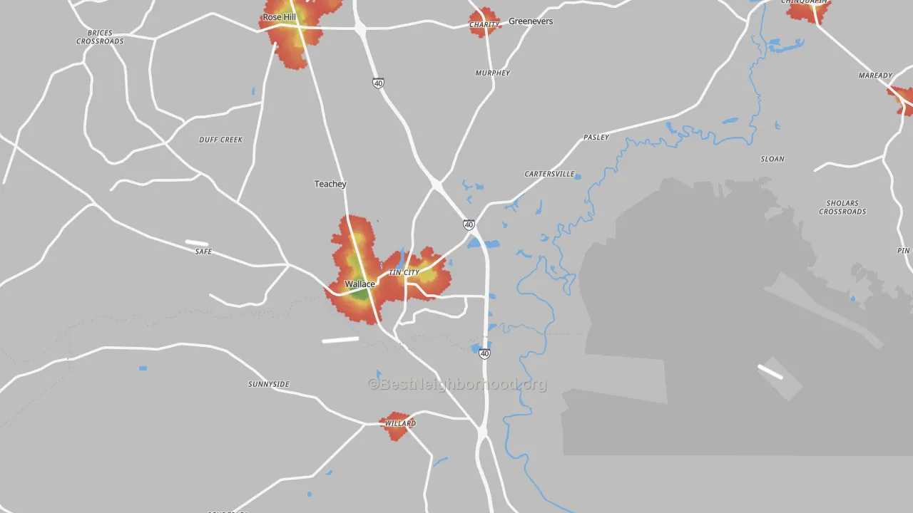 Walk Grade map of 28466, NC, walkable areas in green and car-dependent areas in red