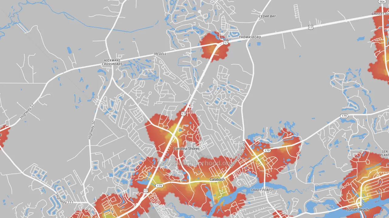 Walk Grade map of 28467, NC, walkable areas in green and car-dependent areas in red