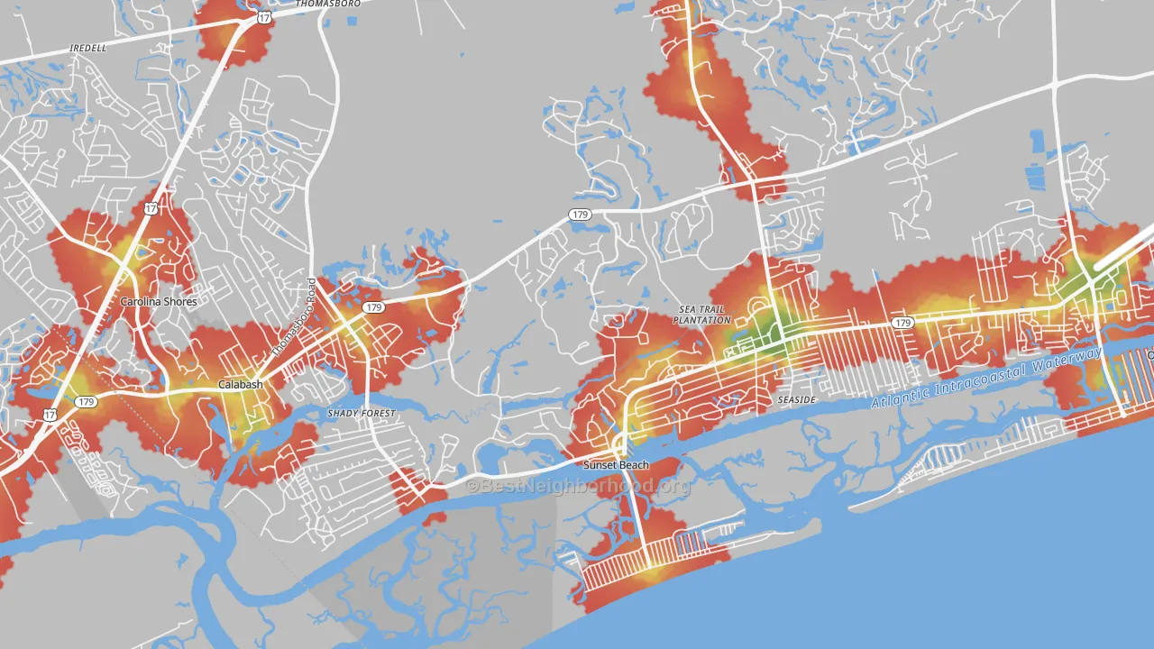 Walk Grade map of 28468, NC, walkable areas in green and car-dependent areas in red