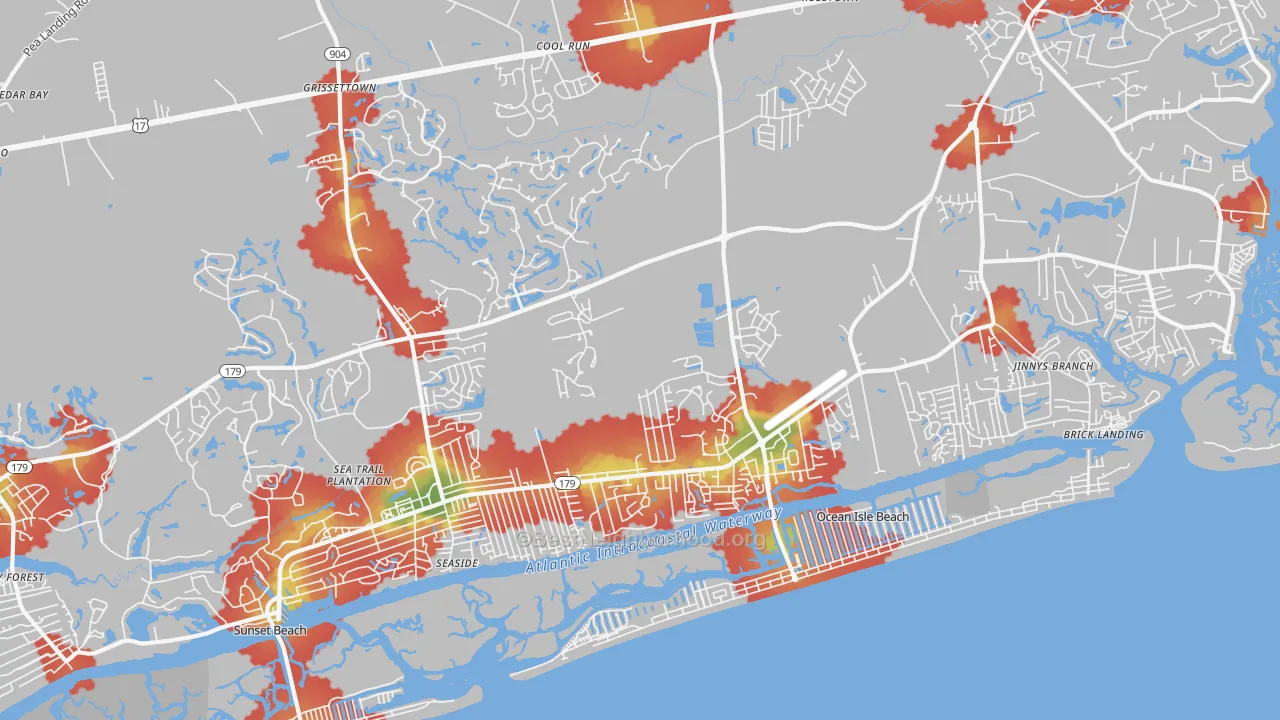 Walk Grade map of 28469, NC, walkable areas in green and car-dependent areas in red