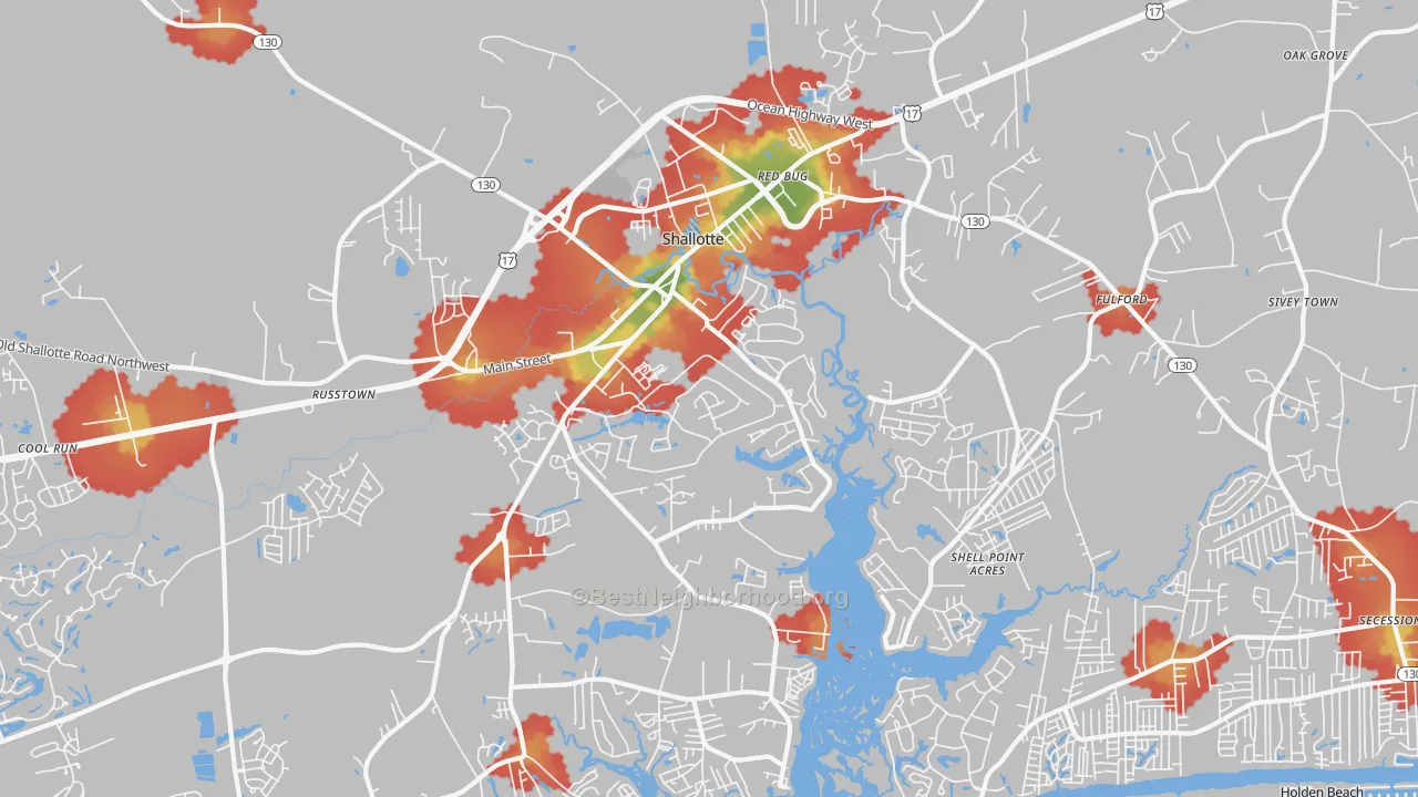 Walk Grade map of 28470, NC, walkable areas in green and car-dependent areas in red