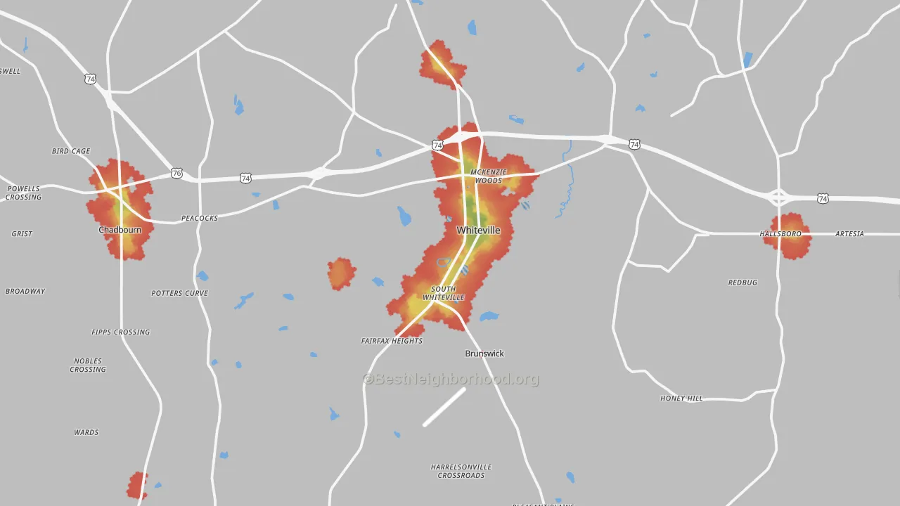 Walk Grade map of 28472, NC, walkable areas in green and car-dependent areas in red